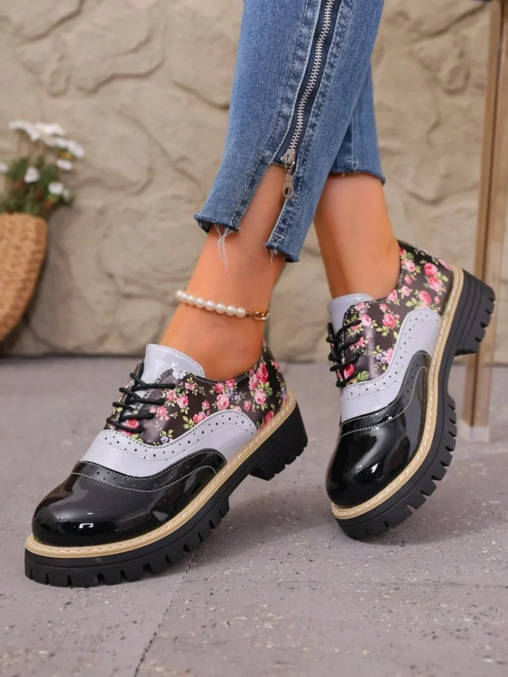 Black Preppy Women's Floral Patchwork Buckle Faux Leather Platform Penny Loafers